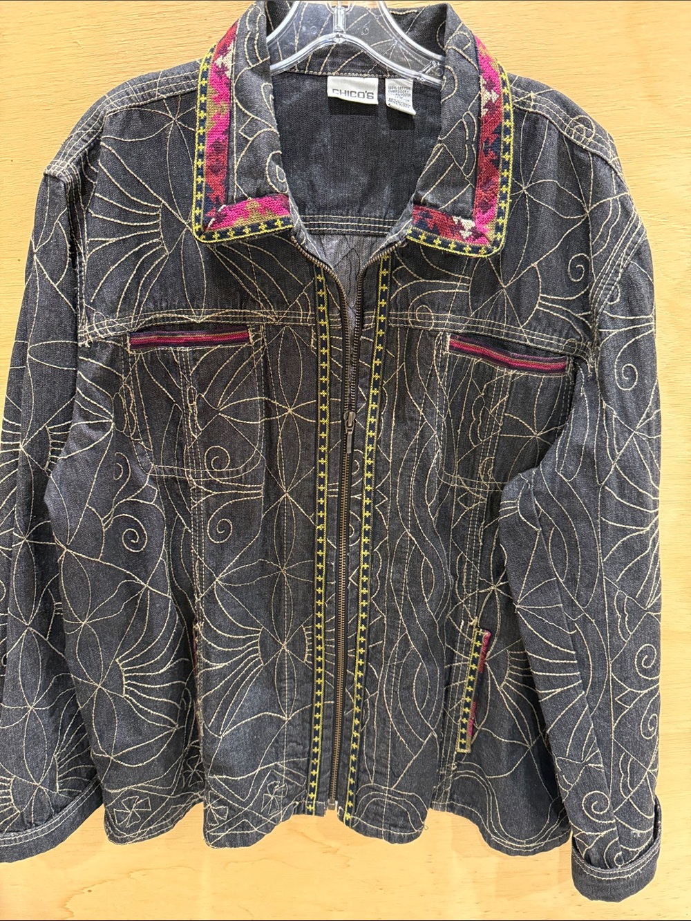 Chico's Black Denim Jacket with Pink and Yellow Embroidery size 3 will fit XL